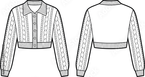 Cropped cable knit cardigan technical flat sketch with collar, button placket, ribbed hem, sleeve texture, detailed apparel fashion illustration design