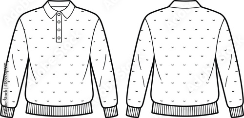 Polo collar sweater fashion flat sketch with button placket and textured knit pattern, detailed technical drawing for apparel designers and knitwear production
