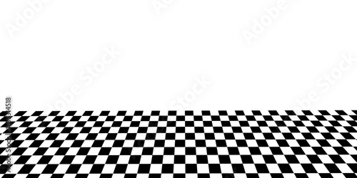 Retro perspective background stage with a black and white checkered floor, featuring vintage chess board style. Fading away vanishing checkerboard texture. Abstract vector illustration pattern surface