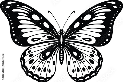 Black and White Vector Icon of Ornate Butterfly with Symmetrical Wings Representing Nature and Elegance

