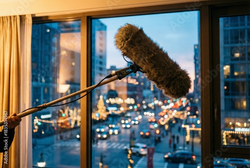A microphone on a boom pole is held near a window overlooking a busy city street at dusk. The scene captures urban life and film production.