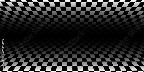 Retro perspective background stage with a black and white checkered floor, featuring vintage chess board style. Fading away vanishing checkerboard texture. Abstract vector illustration pattern surface