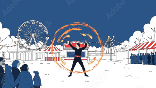 Fire performer entertaining a crowd at a winter carnival with a ferris wheel