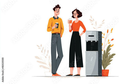 Office colleagues discussing ideas at the water cooler