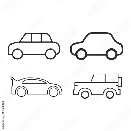 Set of four simple black and white outline icons representing different types of automobile vehicle shapes