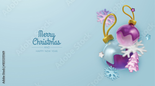 Elegant pastel Christmas baubles and winter elements form a light, joyful holiday background ideal for cards, banners, and festive promotions