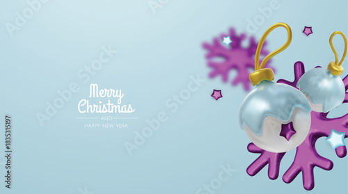 Elegant pastel Christmas baubles and winter elements form a light, joyful holiday background ideal for cards, banners, and festive promotions