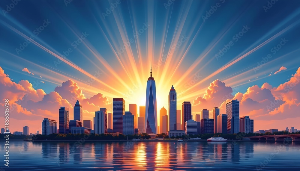 Fototapeta premium Sunrise Skyline Reflection Over Modern