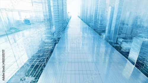 青いワイヤーフレームで描かれた未来都市の遠近風景 チルトアップ・見上げる高層ビル群