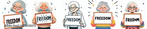 vector of a grandmother holding a sign that says "Freedom"