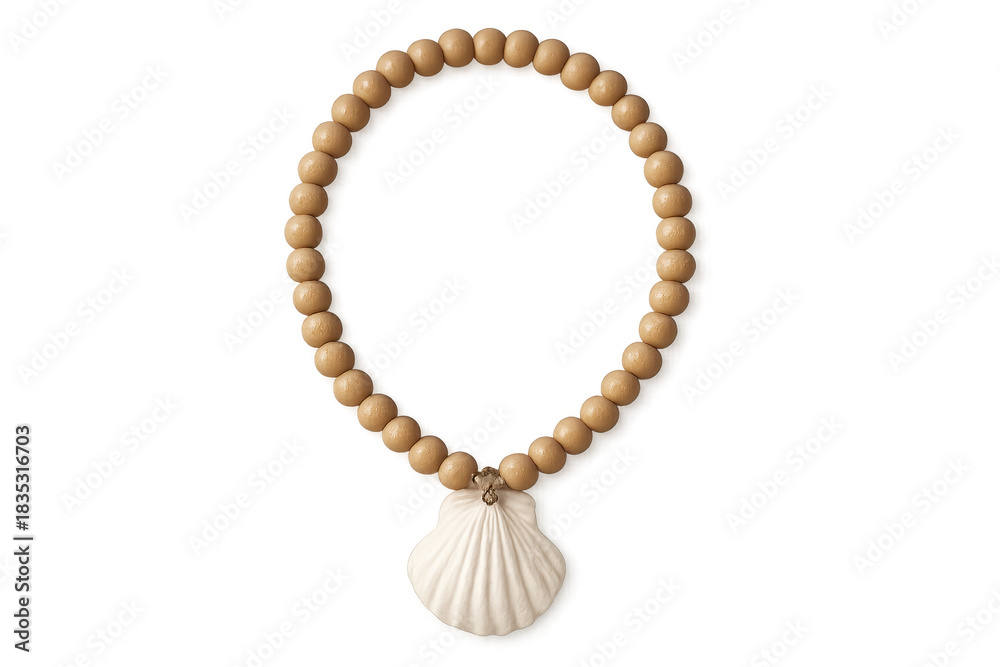 Obraz premium Wooden beads necklace with seashell pendant on transparent background