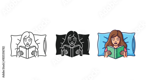 Set of three illustrations showing a young woman reading a book while lying down in bed, presented in outline, silhouette and color styles