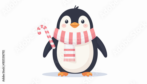 Cute cartoon penguin wearing a pink and white striped scarf and holding a candy cane.