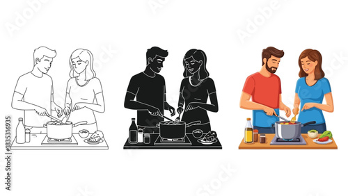 Couple cooking together at home showing different style variations including line art silhouette and full color illustration