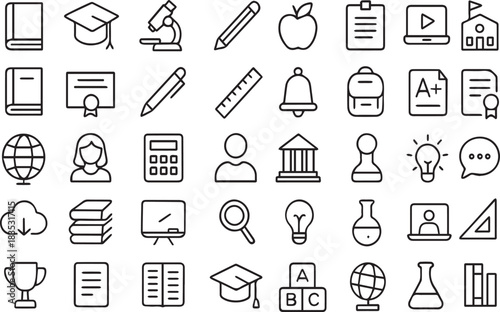Black and white line art illustration showcasing various school and education related icons including books graduation caps and scientific equipment for educational resources