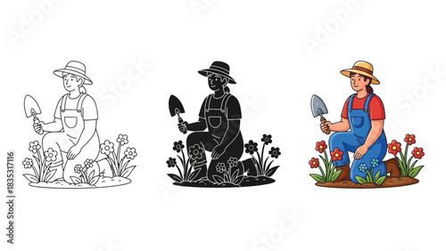 Set of three illustrations showing a gardener kneeling with a trowel among flowers, including line art, silhouette and color versions