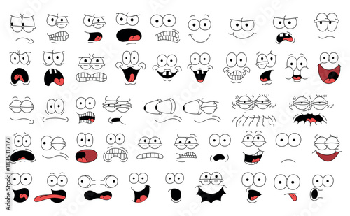 Retro cartoon emotions. Cartoon faces. Emotional face, funny eyes and mouth, different facial expressions: good and evil, happy and sad. Vector set, hand-drawn, clear black outline.