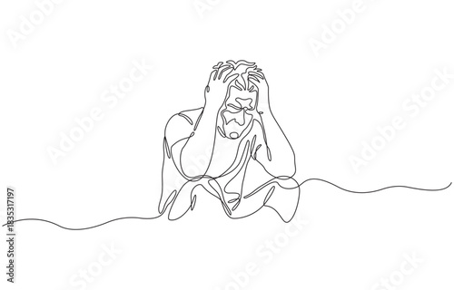 Continuous one line Drawing of a person holding their head in distress, single line vector illustration, isolated on transparent background.