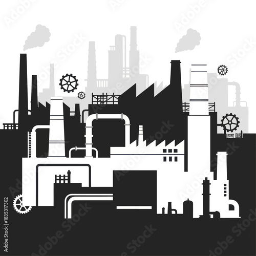 Industrial Factory Complex with Smokestacks and Gears.