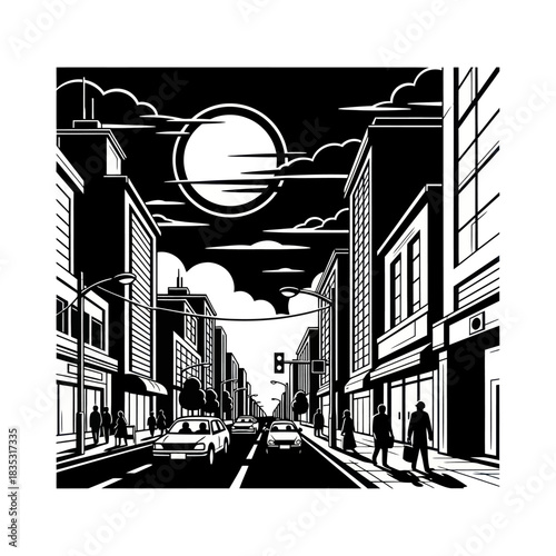 Monochrome noir style cityscape with a full moon at night.