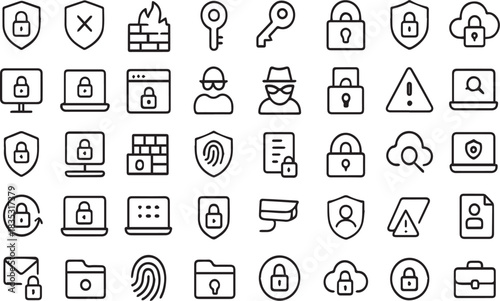 Collection of security icons representing cybersecurity data protection and network safety ideal for websites apps and presentations related to online security and privacy measures