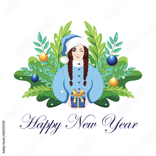 Happy New Year card, festive brunette Woman with braids in blue Santa outfit offering a Gift, surrounded by Christmas greenery and Holiday decorations