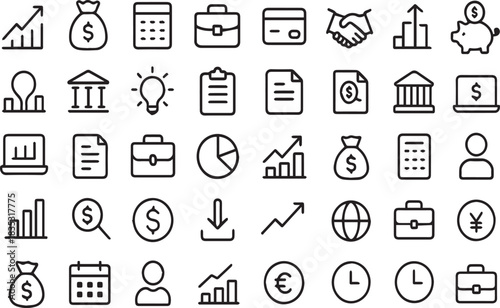 Collection of financial and business icons representing investment banking currency and growth suitable for websites presentations and infographics for financial services.