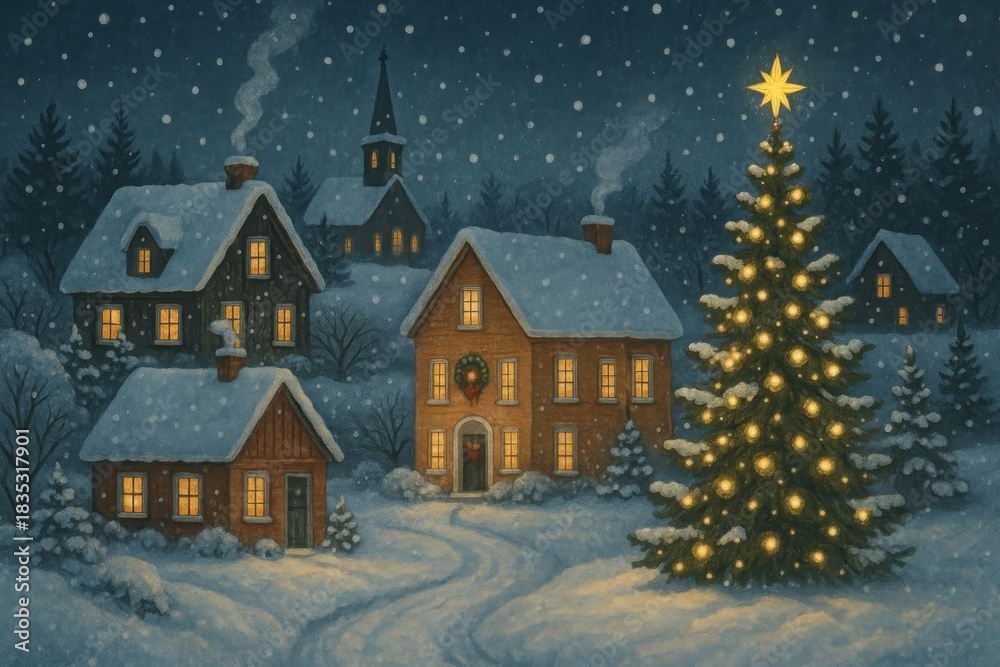 Fototapeta premium Cozy winter village holiday scene background