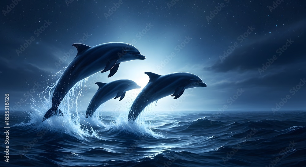 Obraz premium Dolphins leaping from ocean waves at night under moonlight