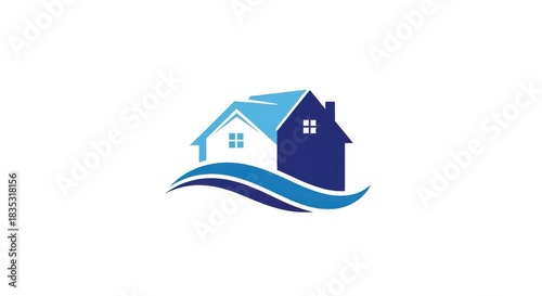 Abstract logo of connected houses with flowing blue lines, set on a white background
