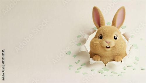 rabbit looking out from a circular hole torn through light pink paper.