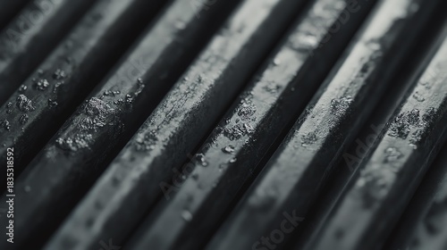 Close-up of wet metal bars in a factory setting.