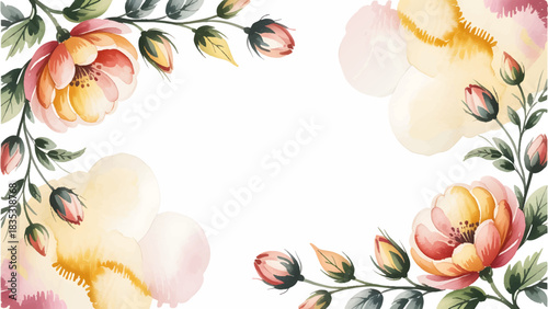 Vibrant loose watercolor floral frame background design, Abstract yellow and orange watercolor flower corner border, Artistic hand-painted flower splash wedding invitation, Bright spring botanical des