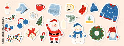 Cozy Christmas sticker set with Santa, snowman, cocoa mug, gifts, socks, wreath, and sweater. Cute winter vector elements perfect for planners, greeting cards, scrapbooking, and holiday decorations.