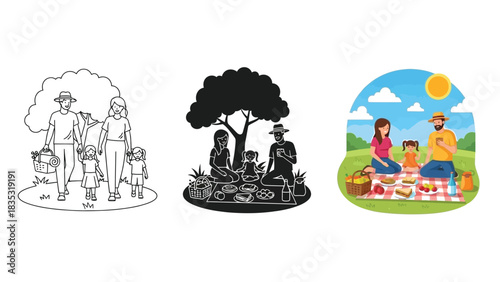 Set of three illustrations depicting a family enjoying a picnic outdoors under a tree in various styles including line art, silhouette and color vector