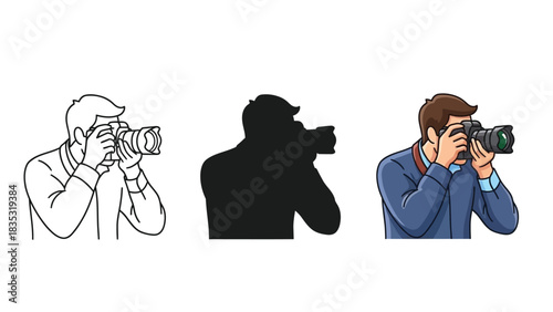 Collection of three styles of a male photographer holding a professional camera, including outline, silhouette and full color illustration