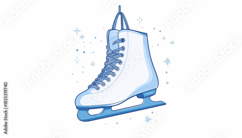 A single white and blue ice skate hanging with sparkling details, representing winter sports and recreation.