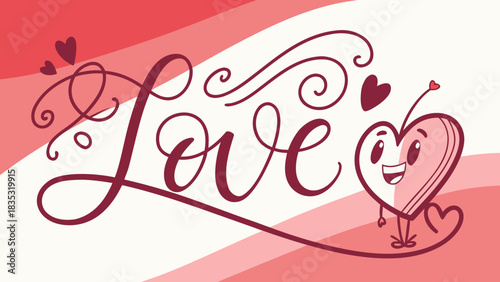Illustration featuring the word love with hearts and a heart character on a pink background