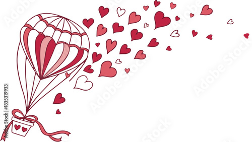 A hot air balloon carrying a basket full of hearts with more hearts floating away on a white background