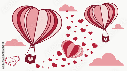 Romantic scene with heart shaped hot air balloons and floating hearts in pink and maroon shades design
