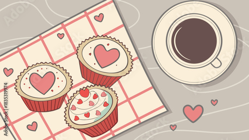 Still life of cupcakes with heart decorations and a cup of coffee on a checkered napkin view from above