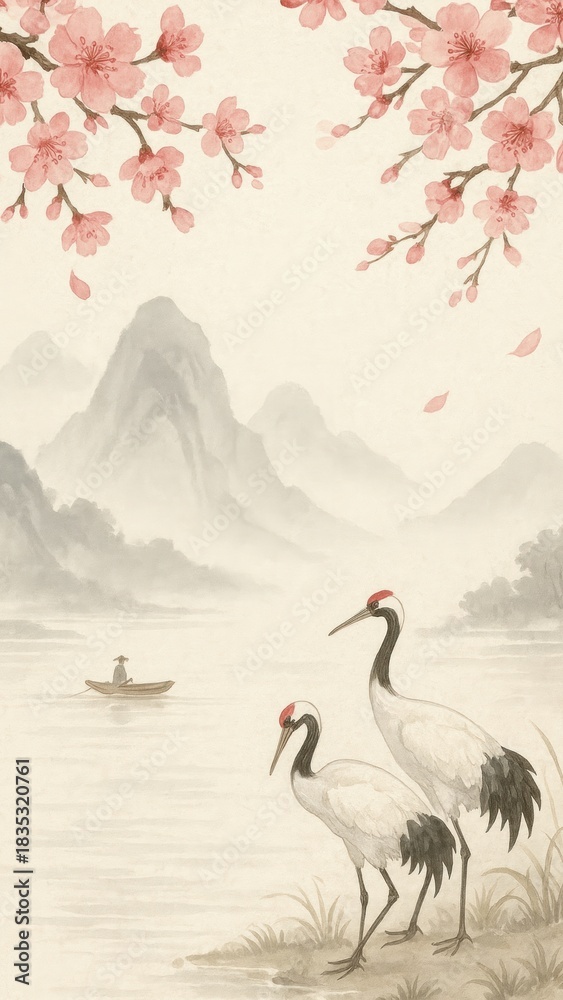 Fototapeta premium Serene cranes amidst cherry blossoms mobile wallpaper