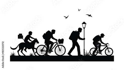 Evolution of delivery service silhouette showing progression from horseback rider to modern bicycle courier