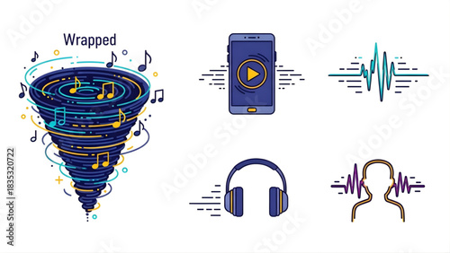 A creative set of vector icons representing music, soundwaves, audio technology, and listening concepts