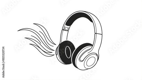 Minimalist line drawing of headphones with audio waves. A clean icon representing listening to music, sound, podcasts, and digital media