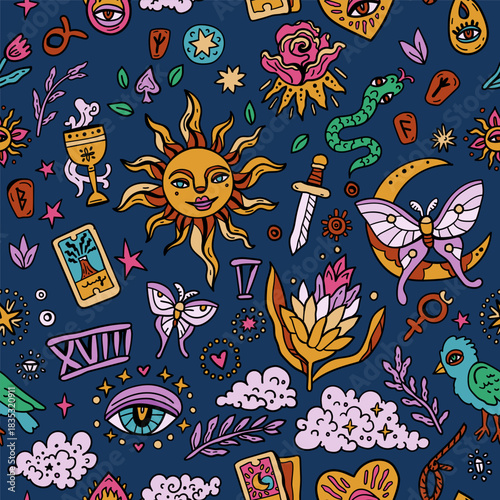 Tarot card seamless pattern. Bright background with tarot symbols. Fortune telling, magic. For Saints Day and Halloween. Sun, Moon. Sword, Heart, and Arrows. Magician
