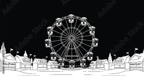 Winter wonderland scene with a ferris wheel and snow covered buildings at night