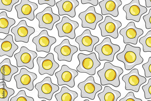 A Set of 6 Unique Seamless Fried Egg Patterns, Illustrations in Various Background Colors, Design, Perfect for Fabric, Wallpaper, Kitchen Decor, and Breakfast Food Styling.