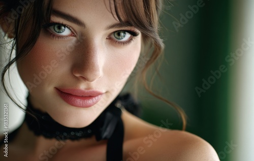 a beautiful woman wearing a choker necklace and a black one-shoulder dress, sitting in front of a green wall