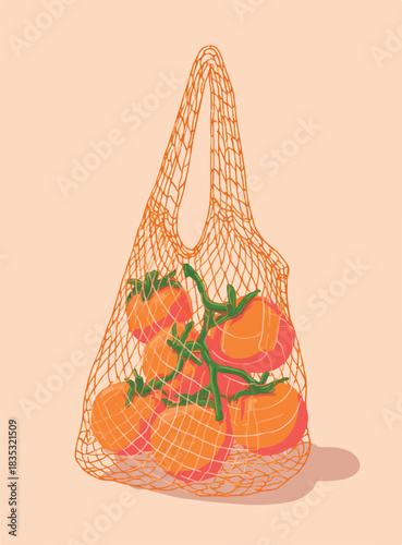 Minimalist pastel orange mesh bag with fresh tomatoes illustration